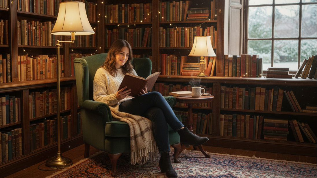 Femme dans une bibliothèque lisant un livre